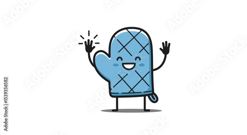 Happy oven mitt character waving hand concept