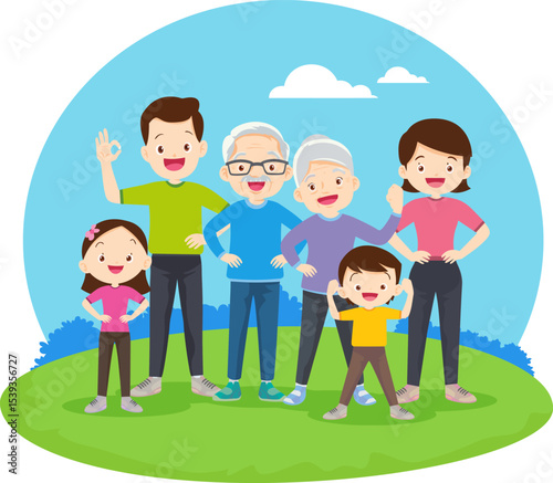 Happy Family Portrait: A cheerful illustration of a multigenerational family—grandparents, parents, and children—standing together outdoors on a grassy hill, symbolizing family unity and togetherness.