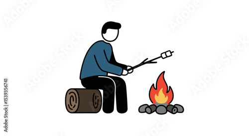 Marshmallow roasting by campfire, log seat