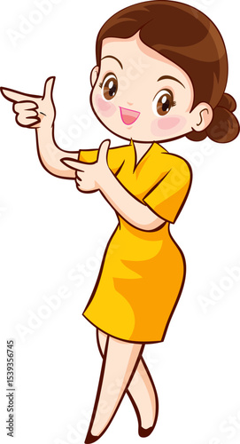 Friendly Guide: A cheerful illustration of a friendly guide gesturing with a warm smile, inviting viewers into a world of welcoming assistance and helpfulness.