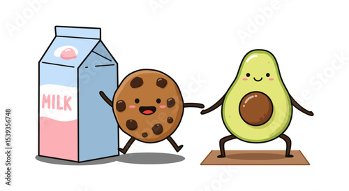 Milk cookie and avocado cartoon friends