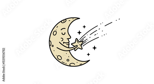 Moon face touching shooting star night sky