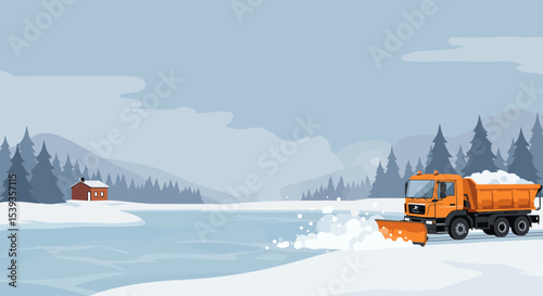 Snowplow truck removing snow from winter landscape