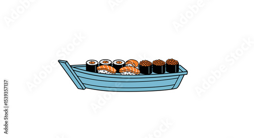 Sushi in boat, food art, asian cuisine