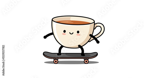 Tea cup rides skateboard, coffee break concept
