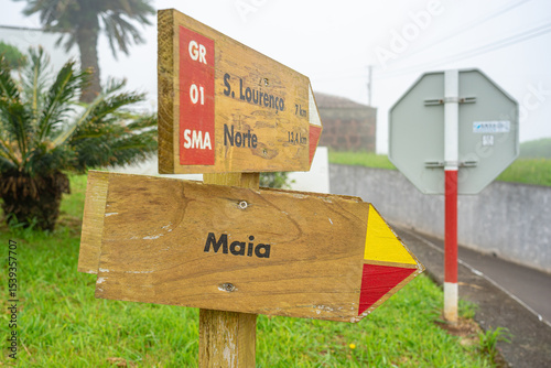 Direction signs for São Lourenço, Norte and Maia on the Azorean island of Santa Maria.
