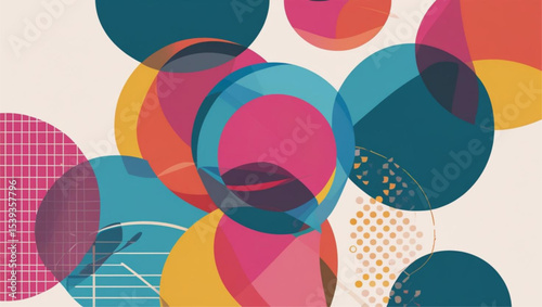 Geometric Harmony: A vibrant tapestry of overlapping circles in an array of bold hues, forming an abstract symphony of shapes and colors, with intricate patterns accentuating the design. 