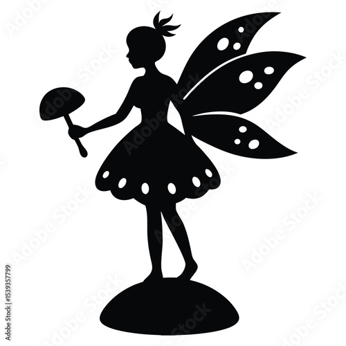 Black and white vector silhouette of a fairy standing on a mushroom and holding a wand