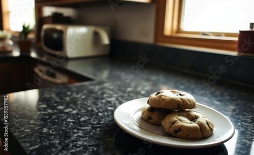 A plate of golden brown homemade chocolate chip cookies freshly baked rests invitingly on a cool granite kitchen countertop its aroma filling the air with the promise of sweet temptation