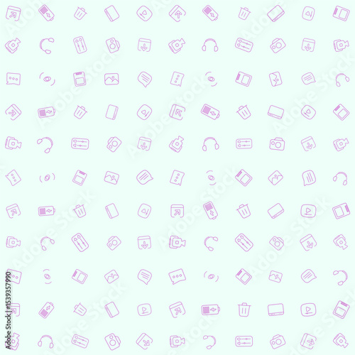 Vector pattern icon download, battery, trash bin, monitor, video player, video recorder, headphone, brightness control, camera, chat, face scanner, SSD, and photo viewer. For UIUX design