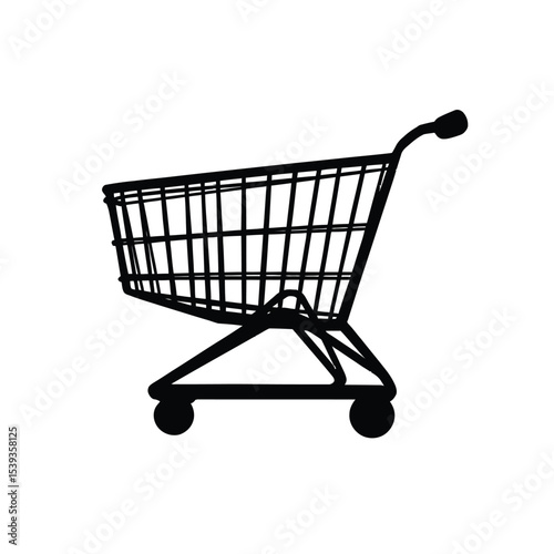 Shopping Cart with Wireframe Basket and Four Wheels, Minimalist Black Line Vector Representing Retail, Groceries, and Consumer Goods