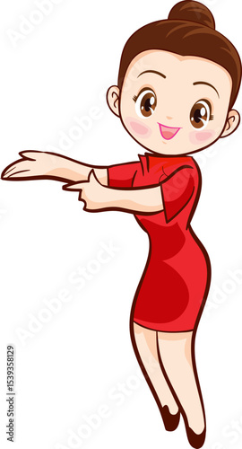 Smiling Guide: A charming woman gestures, extending a welcoming hand. Capturing her polite smile and animated stance.