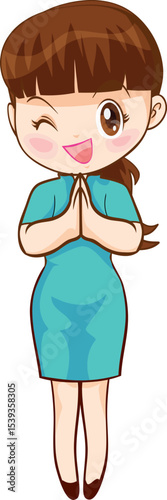 Cheerful and Welcoming: A charming cartoon woman with a warm smile and inviting gesture, radiating friendliness and approachability.