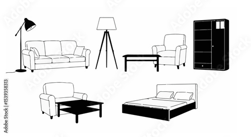 Modern Furniture Line Drawings Sofa Chair Bed Lamps Wardrobe Home Decor Design Interior Illustration