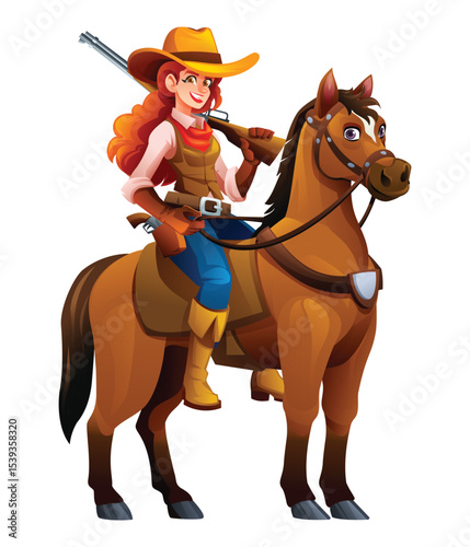 Cowgirl on horseback, holding a rifle, embodying the spirit of the Wild West. Vector cartoon illustration