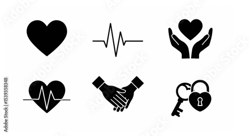 Six Heart Health Care Icons Set Love Health Pulse Hands Key Lock Graphic Design Elements