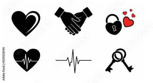 Heartbeat EKG Handshake Love Lock Keys Romantic Graphic Design Elements