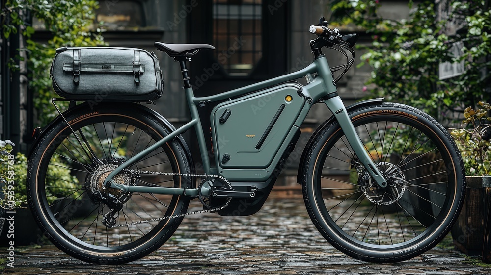 Fototapeta premium Conceptual Delivery Bike with Storage Unit in Urban Environment Surrounded by Greenery