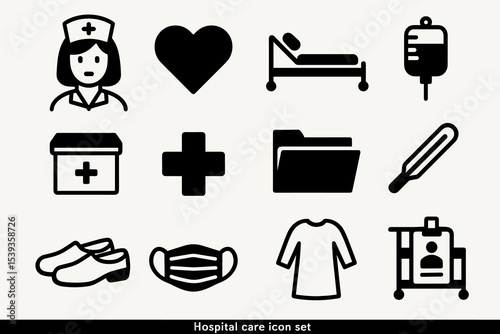 Hospital care icon set: nurse, heart, bed, iv, medicine box, cross, folder, thermometer, shoes, mask, gown, equipment