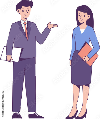 Business Colleagues Collaboration: A dynamic illustration of a businessman and businesswoman, engaged in a collaborative discussion, representing professional teamwork.