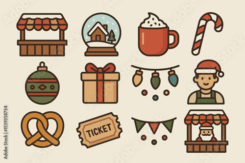 Colorful christmas market illustrations featuring holiday icons and festive decorations