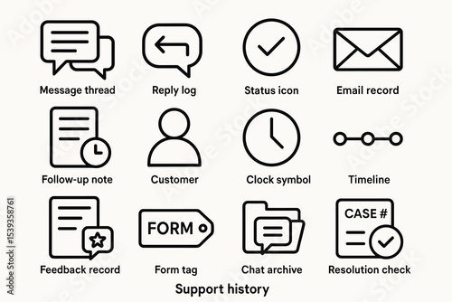 Support history icons: communication, log, status, email, timeline illustrations