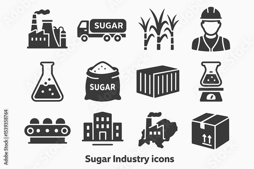 Sugar industry icons: factory, truck, cane, worker, lab equipment, buildings, map, box