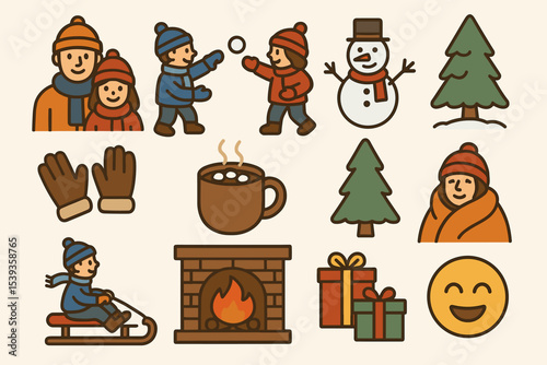 Winter fun illustrations featuring snow activities and cozy elements