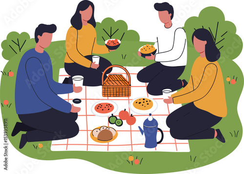 Picnic in the Park: A delightful gathering unfolds in a park, as friends share food, creating a scene of joy and relaxation, perfect for representing leisure and togetherness.
