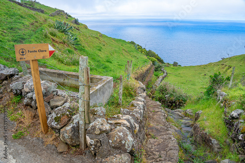 Direction sign on pedestrian path to Fonte Clara on the Azorean island of Santa Maria.