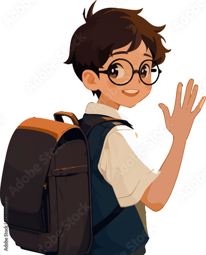 Happy Schoolboy Greeting: A young schoolboy, with a cheerful disposition, cheerfully waves goodbye, carrying a backpack and wearing glasses, embodying the enthusiasm of education and learning.