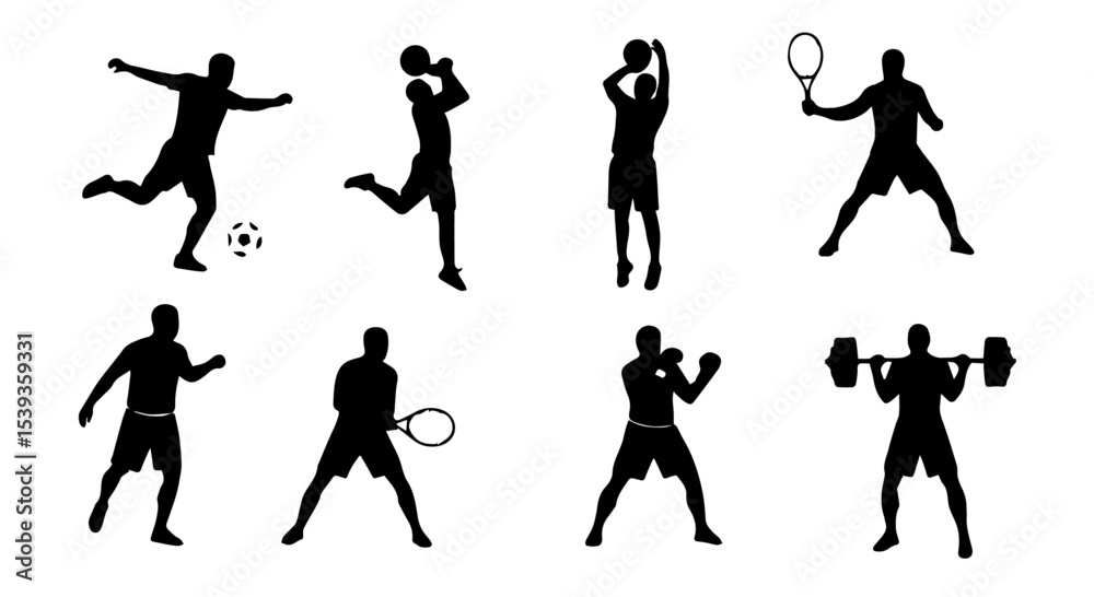 Obraz premium Diverse Athlete Silhouettes Engaging in Various Sports Activities Including Soccer Basketball Tennis and Weightlifting