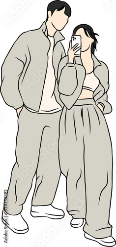 Modern Selfie Moment: An outline illustration of a couple taking a selfie, capturing a moment of modern connection and everyday life.