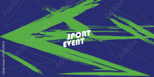 Abstract Sport Background with Green and Blue Brush Texture and Halftone Effect. Dirty Grunge Background