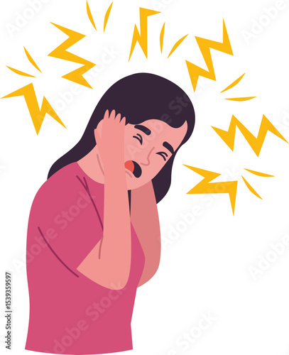 Severe Headache: Woman suffering from an intense headache, holding her head in pain.  The illustration depicts the severity of the pain with stylized lightning bolts.