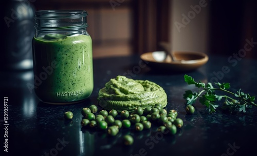 A jar of vibrant green hummus speckled with tiny peas rests atop a cool dark granite table inviting a taste of Mediterranean delight