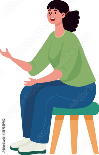 Relaxed Woman in Green: A vector illustration depicts a relaxed woman in green clothing seated on a stool, her open posture suggesting approachability and comfort.
