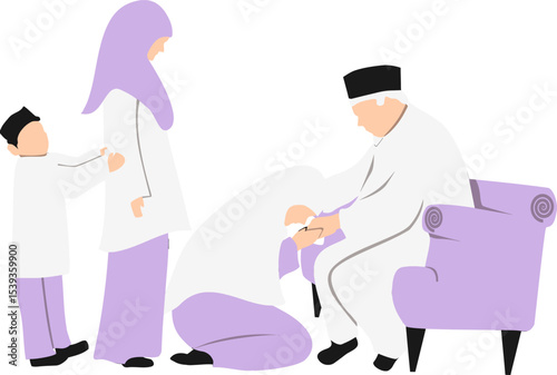 Family Respect: A heartwarming illustration depicts a multigenerational Muslim family engaging in a respectful tradition, symbolizing family bonds and cultural heritage.