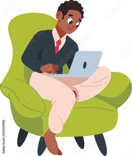 Focused Work from Home: A young man sits comfortably in a vibrant green chair, absorbed in his work on a laptop, illuminated by natural light.
