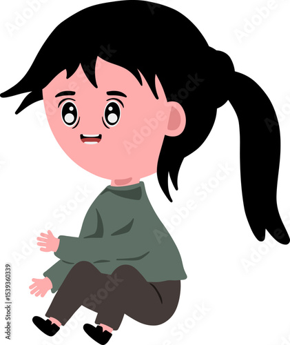 Cute little girl: An illustrated portrayal of a charming girl, with dark hair, sitting and emanating cheerfulness. A captivating depiction of innocence and joy.