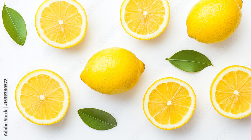 Fototapeta premium Zesty Citrus Symphony: A vibrant assortment of fresh lemons, both whole and sliced, artfully arranged with lush green leaves, a visual celebration of natural freshness and culinary inspiration.