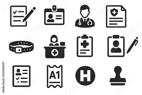 Healthcare icons set: doctor, id, medical forms, hospital stamp symbols