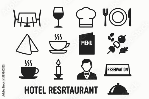 Hotel restaurant icons: dining, chef, reservation, menu, beverage, dining