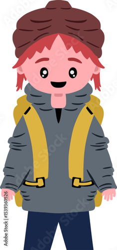 Adventure Awaits: A cartoon illustration of a young person, ready for exploration and adventure, donning a hat, backpack, and attire suitable for outdoor pursuits.