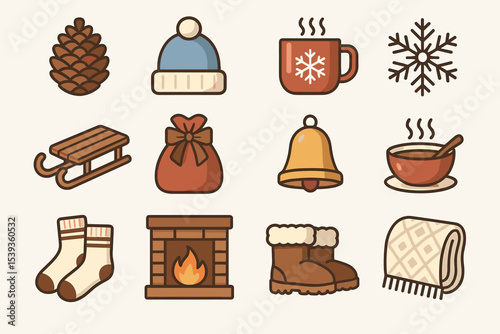 Winter icons: cozy symbols of socks, fireplace, sled, and more