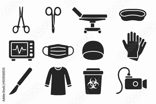Silhouette icons of surgical tools and equipment in medical settings