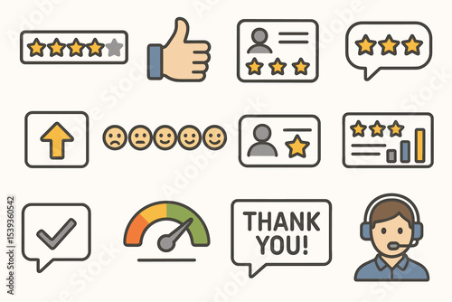 Customer feedback and support icons for review and satisfaction