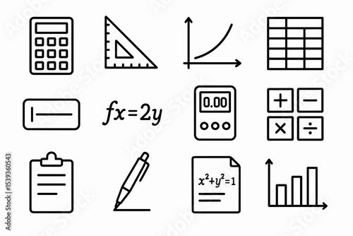 Math icons set: calculator, graphs, equations, geometric tools