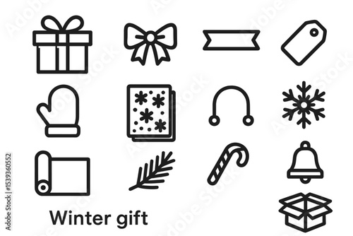 Winter gift icons set: mittens, snowflake, candy cane, pine branch