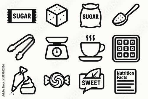 Sugar icons: cubes, spoon, scale, coffee, pastry bag, candy, nutrition facts